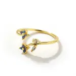 Adjustable Flower Brass Blue CZ Rings