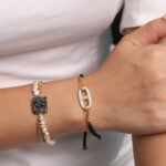 925 Sterling Silver With CZ Bracelet 18K Yellow Gold Plated & Nylon Black Cord - Image 2
