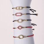 925 Sterling Silver Oval Shape Bracelet 18K Yellow Gold Plated & Nylon Red Cord - Image 2