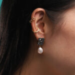 Drusy Ore Square Earring 18K Yellow Gold Plated Brass & Fresh Water Pearl - Image 2