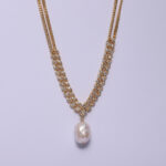 18K Yellow Gold Plated & CZ With Fresh Water Pearl Cubon Necklace
