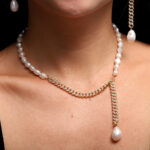 18K Yellow Gold Plated & CZ With Fresh Water Pearl Cubon Necklace - Image 2