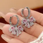Brass Pink Diamond Bow Drop Earrings - Image 2